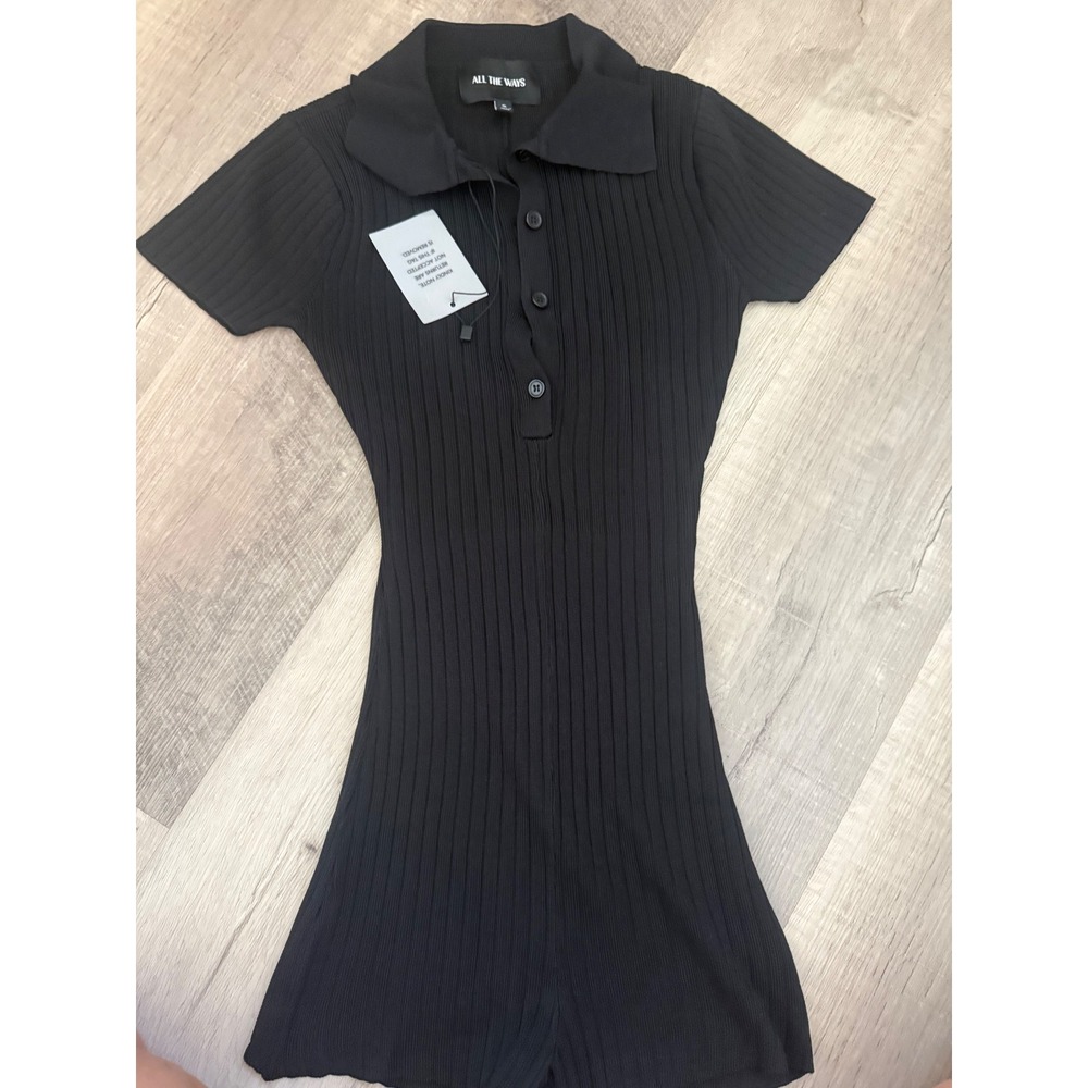All The Ways Black Ribbed Knit Polo Romper Size Small NWT